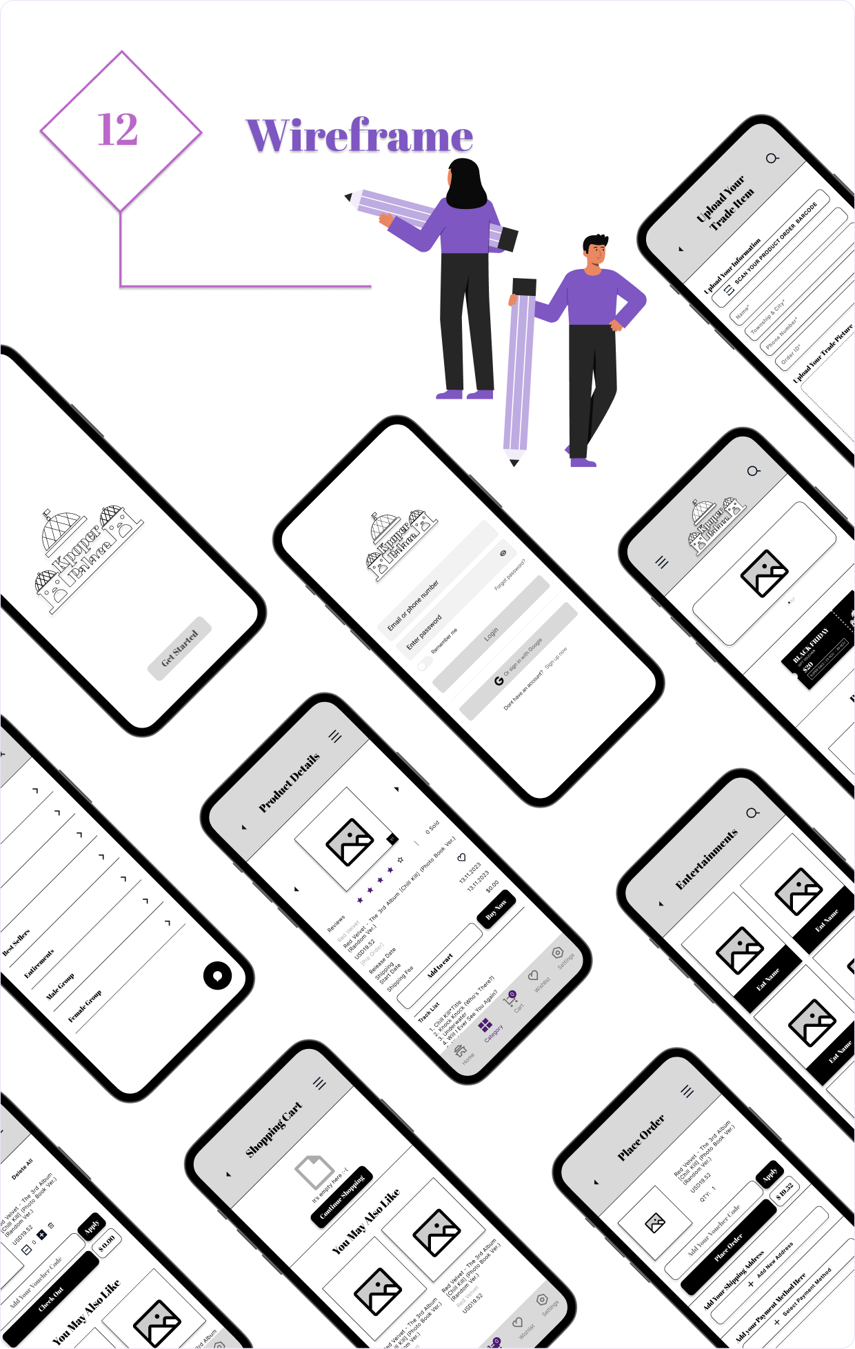 Low-fidelity wireframes — storefront, product detail, cart and profile